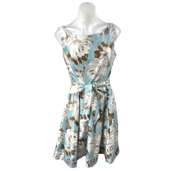 J Howard Multicolor Satin Floral Sleeveless Belted Mini Fit & Flare Dress Size 8 - Picture 1 of 5